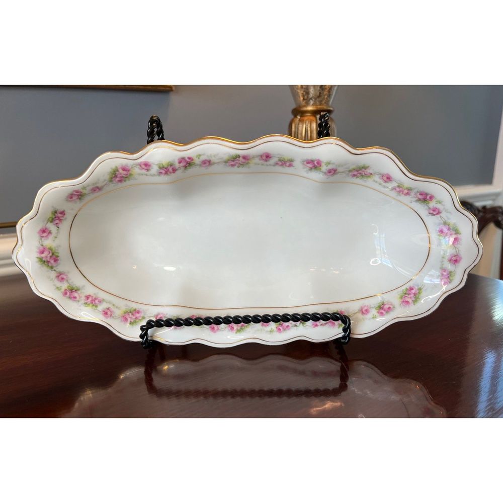 Vintage‎ Oval Oblong Serving Dish German Hand Painted Rose Gilt Ruffled Edge